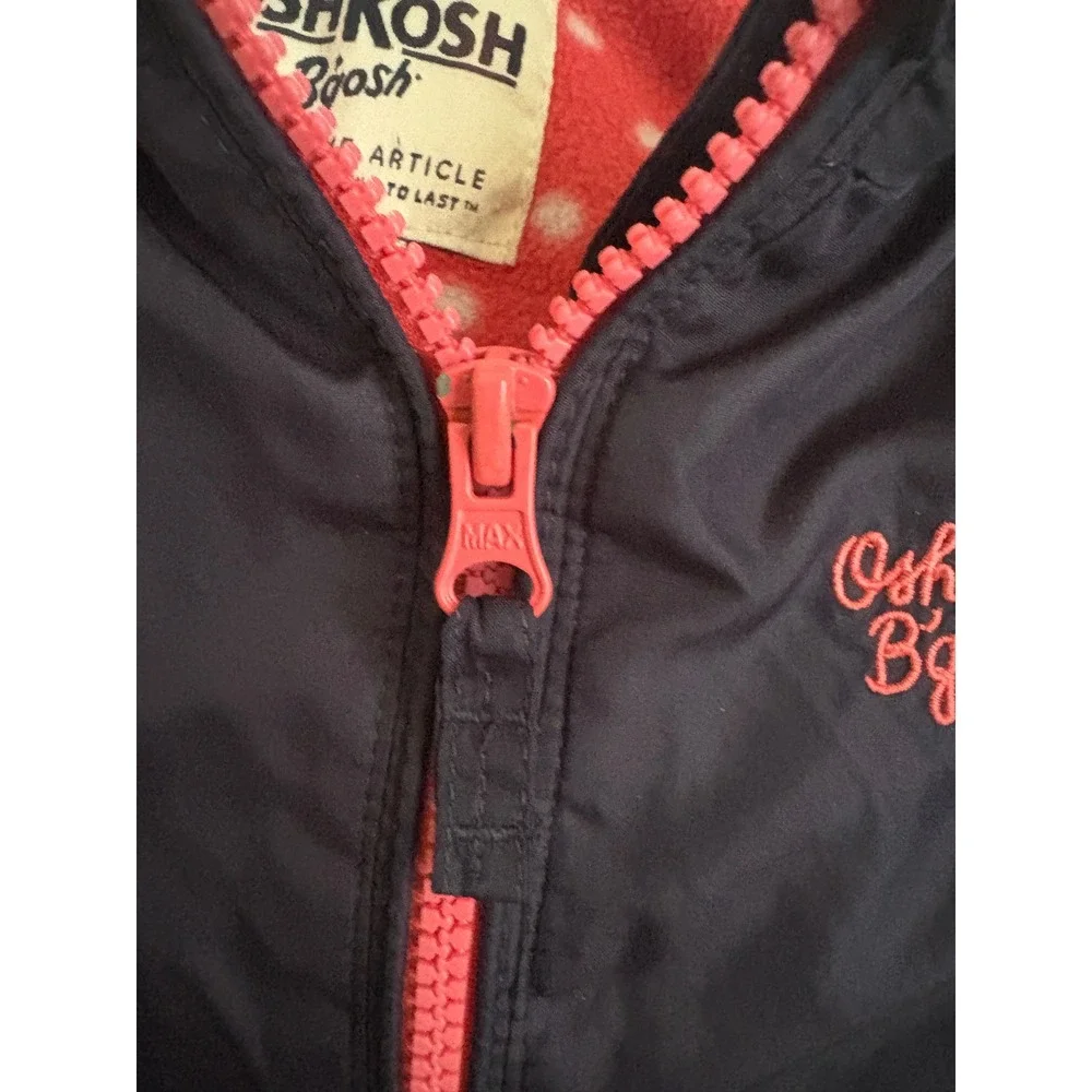 OshKosh Bgosh Girls Navy Blue Pink Polka Dot Fleece Lined Hooded Jacket 18M